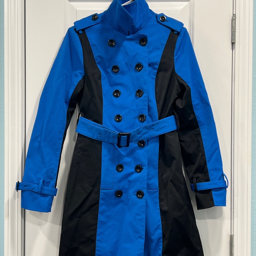 New York & Company Cobalt Blue and Black Trench Coat with Funnel Neck Collar